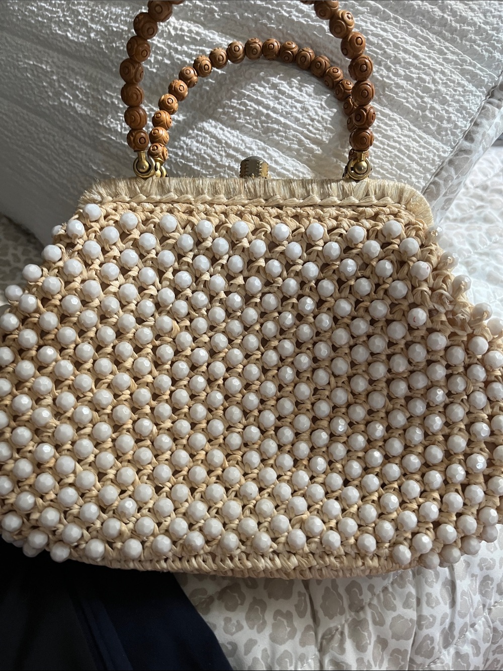 Hand-Beaded Straw Clutch in Cream with Wooden Handle